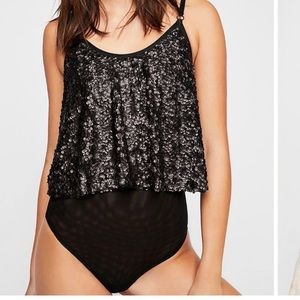 Free People Black Sequin Last Dance Bodysuit
